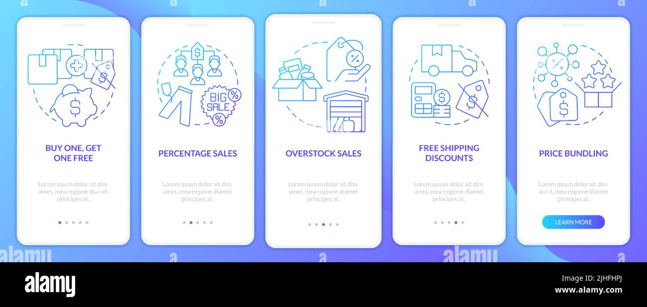 Types of discounts blue gradient onboarding mobile app screen Stock ...
