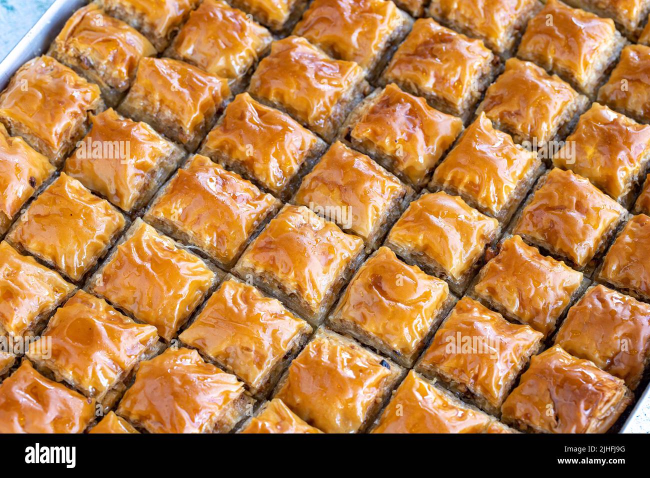 Walnut baklava. Close-up baklava in tray. Turkish cuisine. Stock Photo