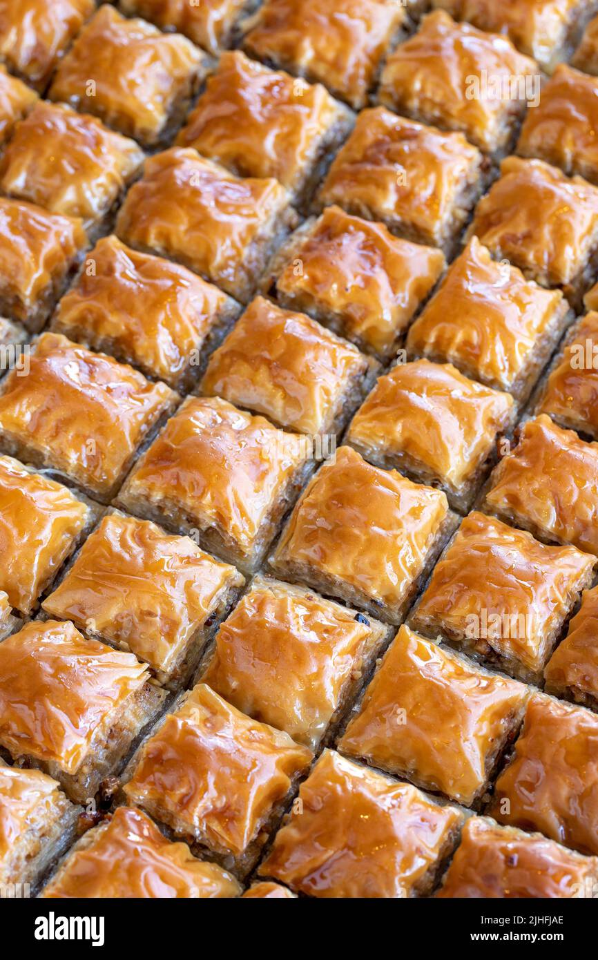 Walnut baklava. Close-up baklava in tray. Turkish cuisine Stock Photo ...