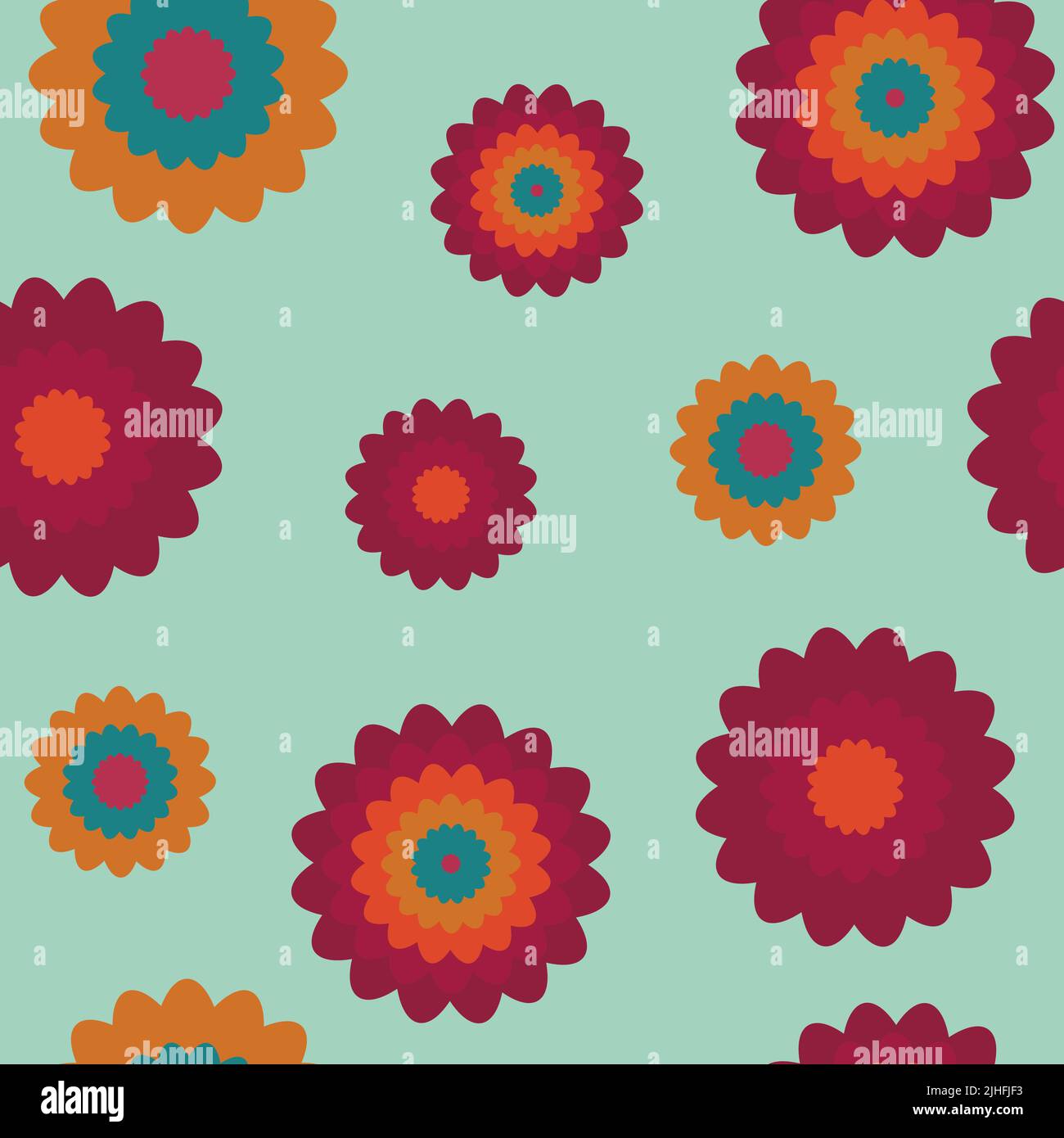 Stylized, vector dahlia. Seamless flower pattern. Color palette of 70s. Retro style design. Stock Vector