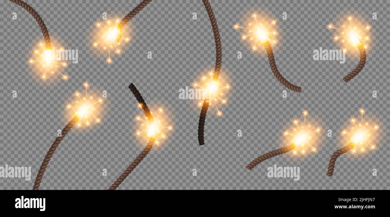 Bomb or dynamite fuses, burning wicks with fire and sparks isolated on transparent background. Vector realistic set of 3d rope detonators for explosive, tnt and fireworks Stock Vector