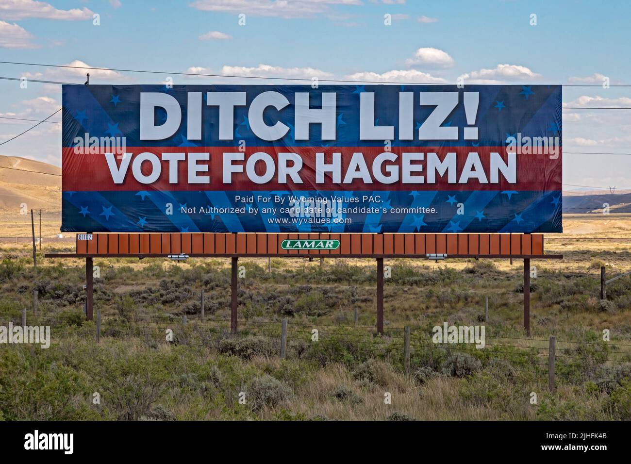 Rawlins, Wyoming - A billboard urges Wyoming voters defeat Congresswoman Liz Cheney in the Republican primary election on August 16, 2022. One of seve Stock Photo