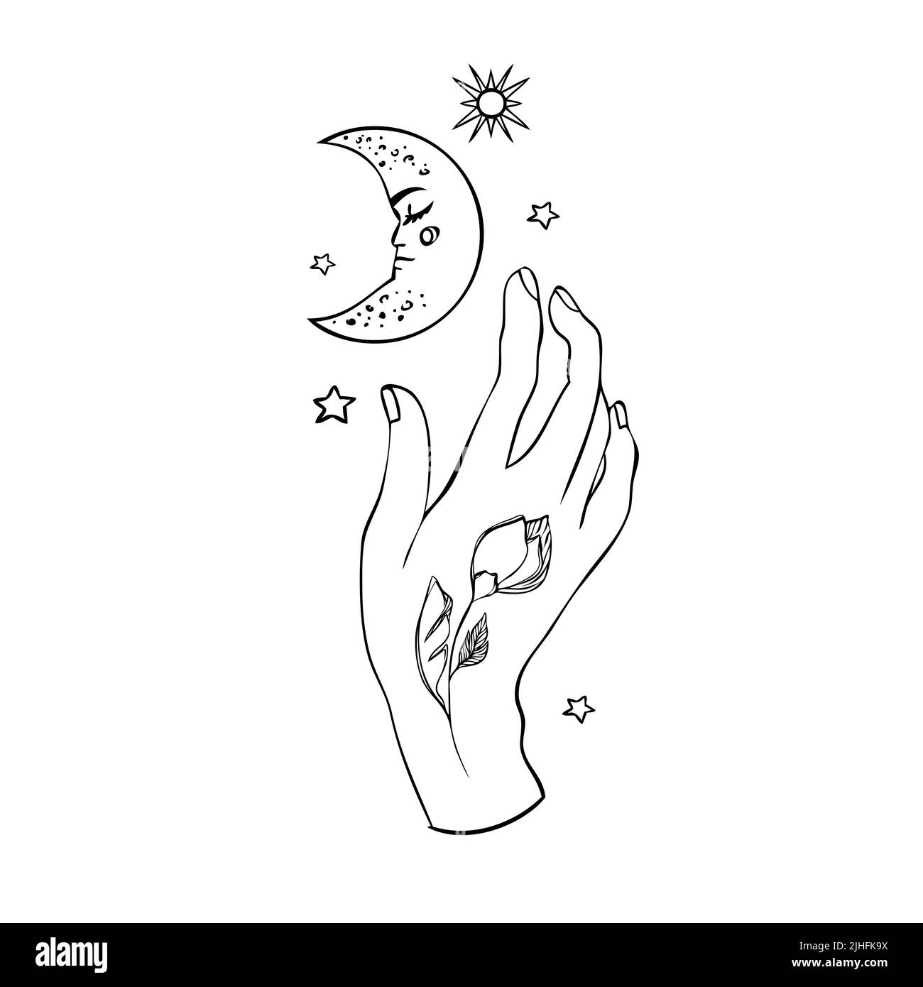 Mystical composition vector line art illustration with magic elements Stock Vector