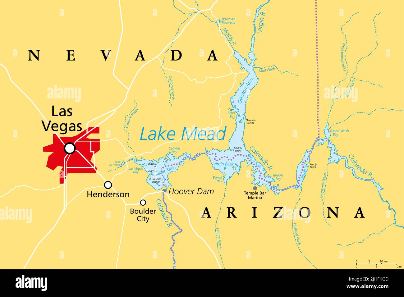 Las Vegas and Lake Mead, political map. Vegas, most populous city in Nevada, known primarily for its gambling and entertainment, left of Lake Mead. Stock Photo