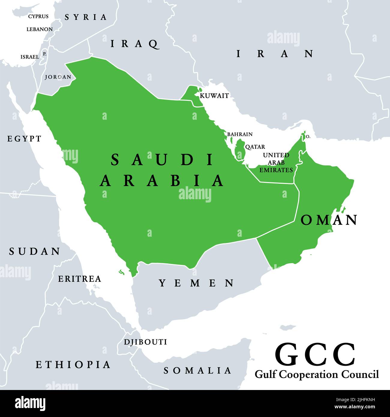 Gulf Cooperation Council, GCC members map. Regional, intergovernmental, political, economic union. Bahrain, Kuwait, Oman, Qatar, Saudi Arabia and UAE. Stock Photo