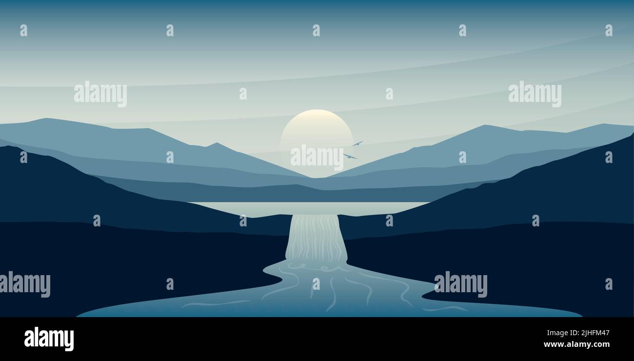 beautiful waterfall landscape river and mountain view at sunset Stock Vector
