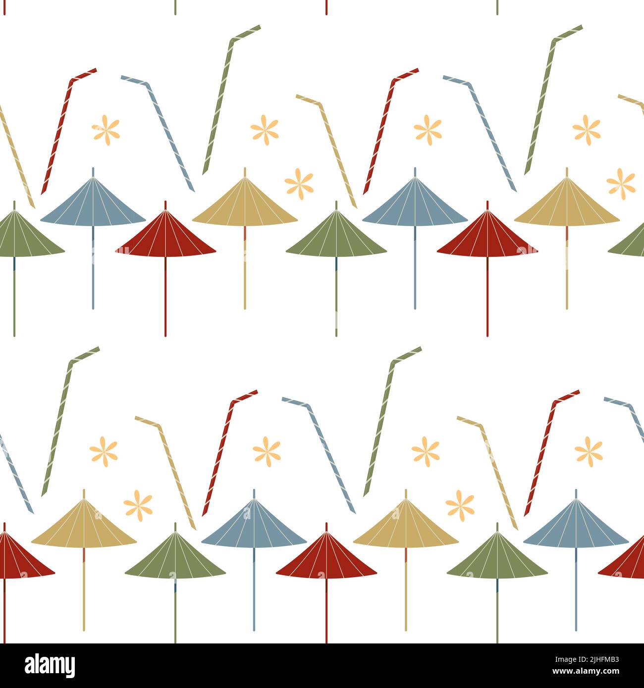 Pattern with an abstract image of colorful cocktail accessories in muted shades on a white background. Umbrellas, straws and flowers. Suitable for print, flyer, pattern. Stock Vector