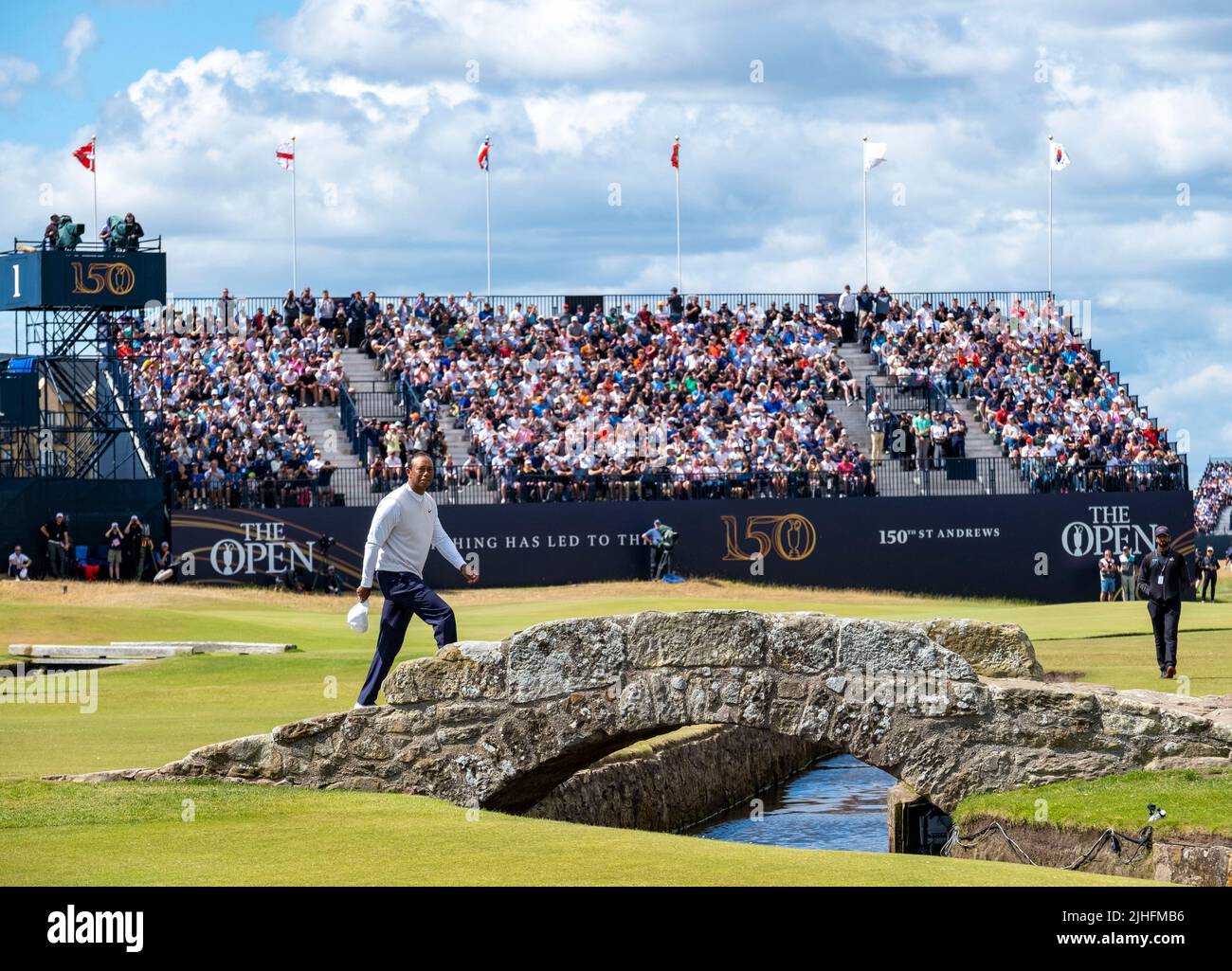 150th Open GolfChampionships, the Old Course St Andrews, July 15th 2022 Tiger Woods crosses over the Swilken bridge, on his way to the 18th green. Stock Photo