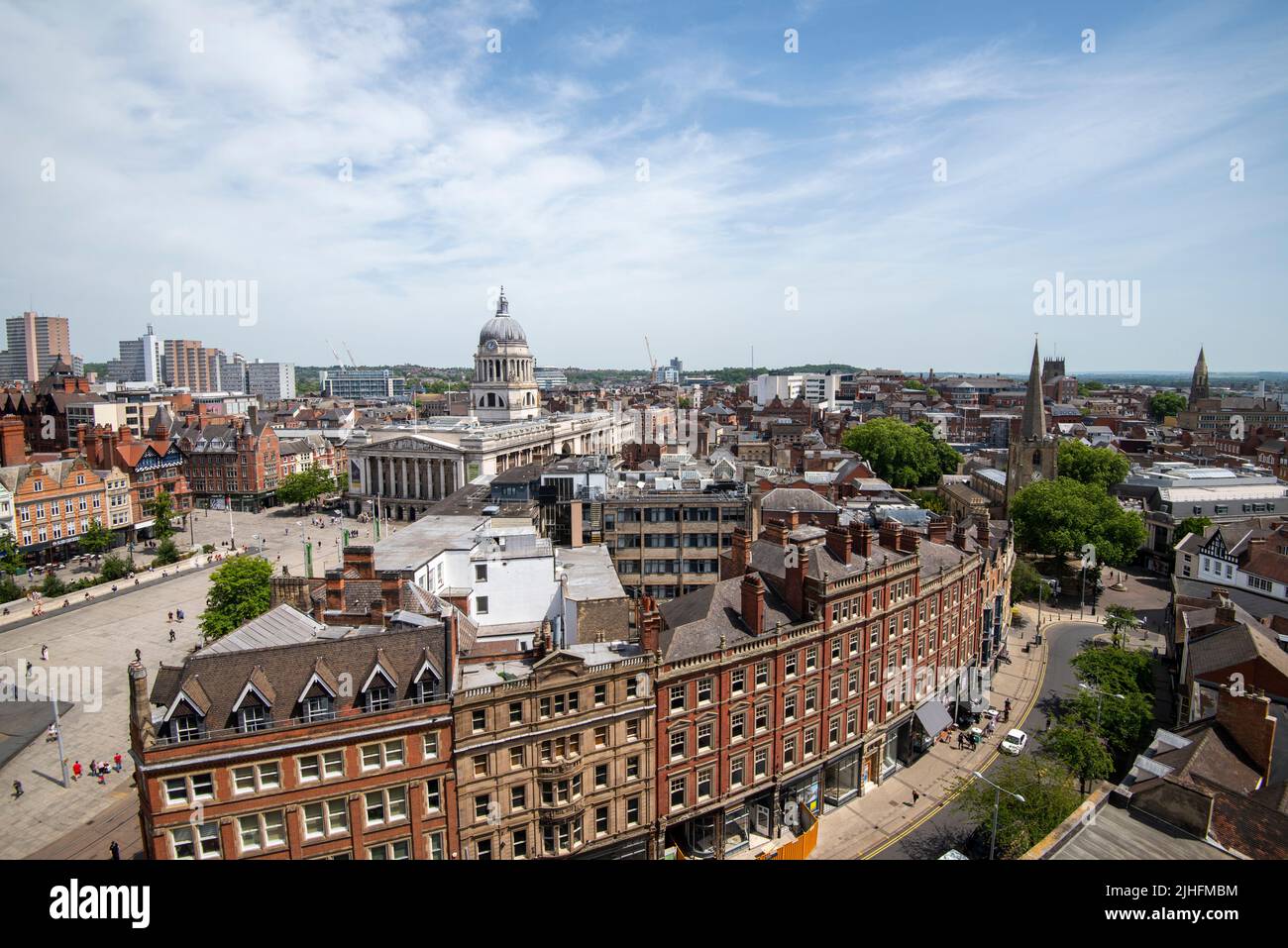 Aerial view of Market Square and Wheeler Gate from the rooftop of the Pearl Assurance Building in Nottingham City, Nottinghamshire England UK Stock Photo