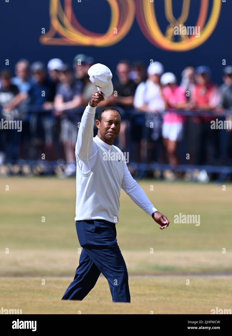 150th Open GolfChampionships, St Andrews, July 15th 2022 Tiger Woods waves to the crowds as he walks up the 18th fairway during the second round. Stock Photo