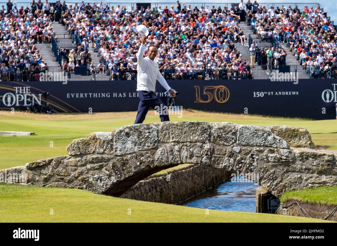 150th Open GolfChampionships, the Old Course St Andrews, July 15th 2022 Tiger Woods crosses over the Swilken bridge, on his way to the 18th green. Stock Photo