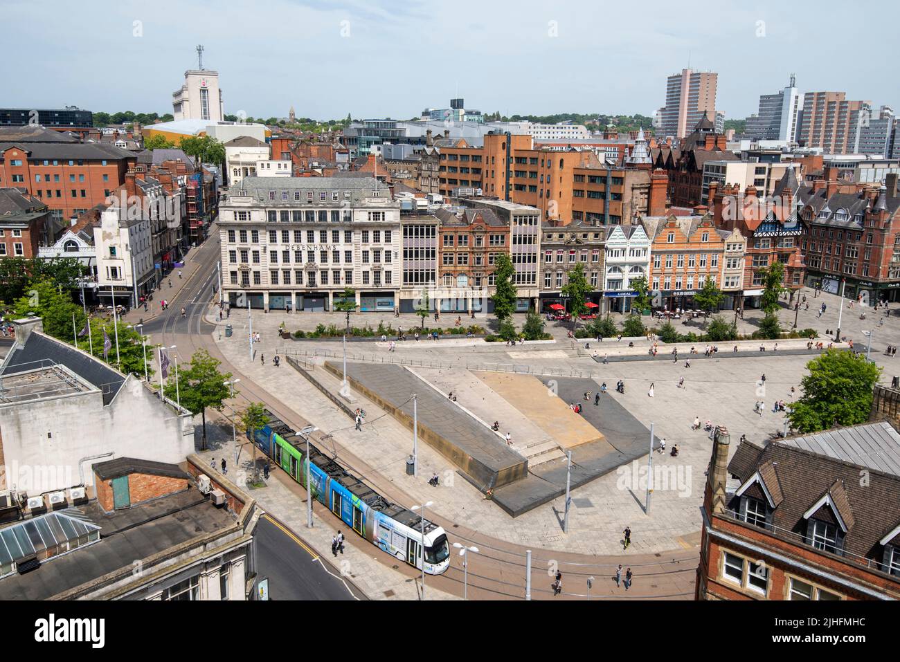 Aerial view of Market Square from the rooftop of the Pearl Assurance Building in Nottingham City, Nottinghamshire England UK Stock Photo