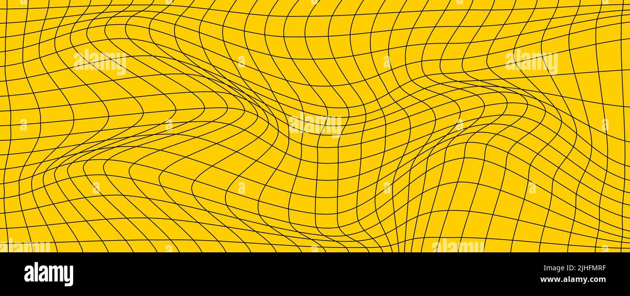 Distorted mesh, 3d digital background. Wavy grid, abstract futuristic pattern. Optical illusion background, warp. Cyberspace vector backdrop Stock Vector