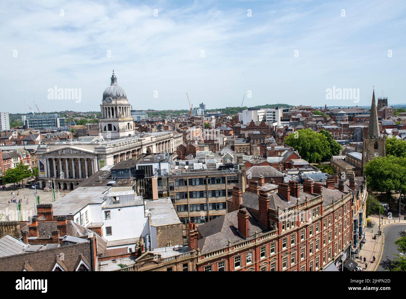 Aerial view of Market Square and Wheeler Gate from the roof of Pearl Assurance Building in Nottingham City, Nottinghamshire England UK Stock Photo