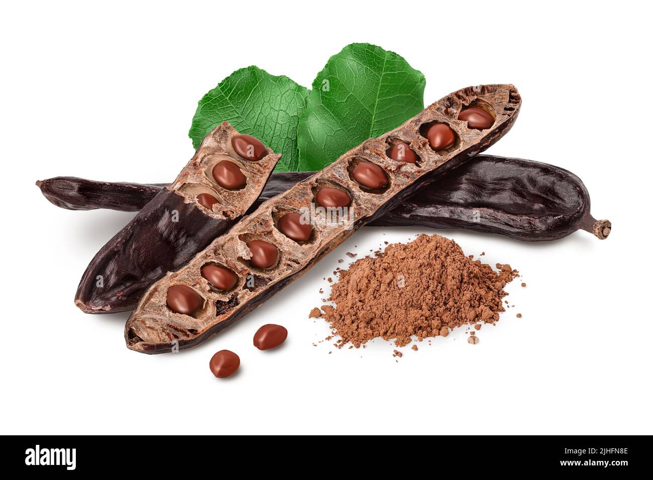 Carob pod and powder isolated on white background with full depth of