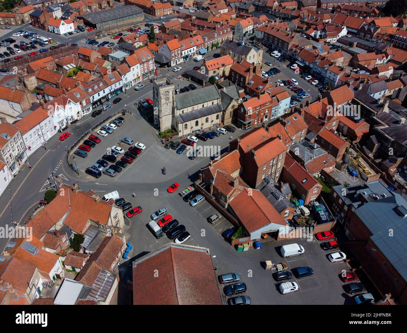 Aerial view of the market square in the market town of Malton in North Yorkshire in the northeast of England. Stock Photo