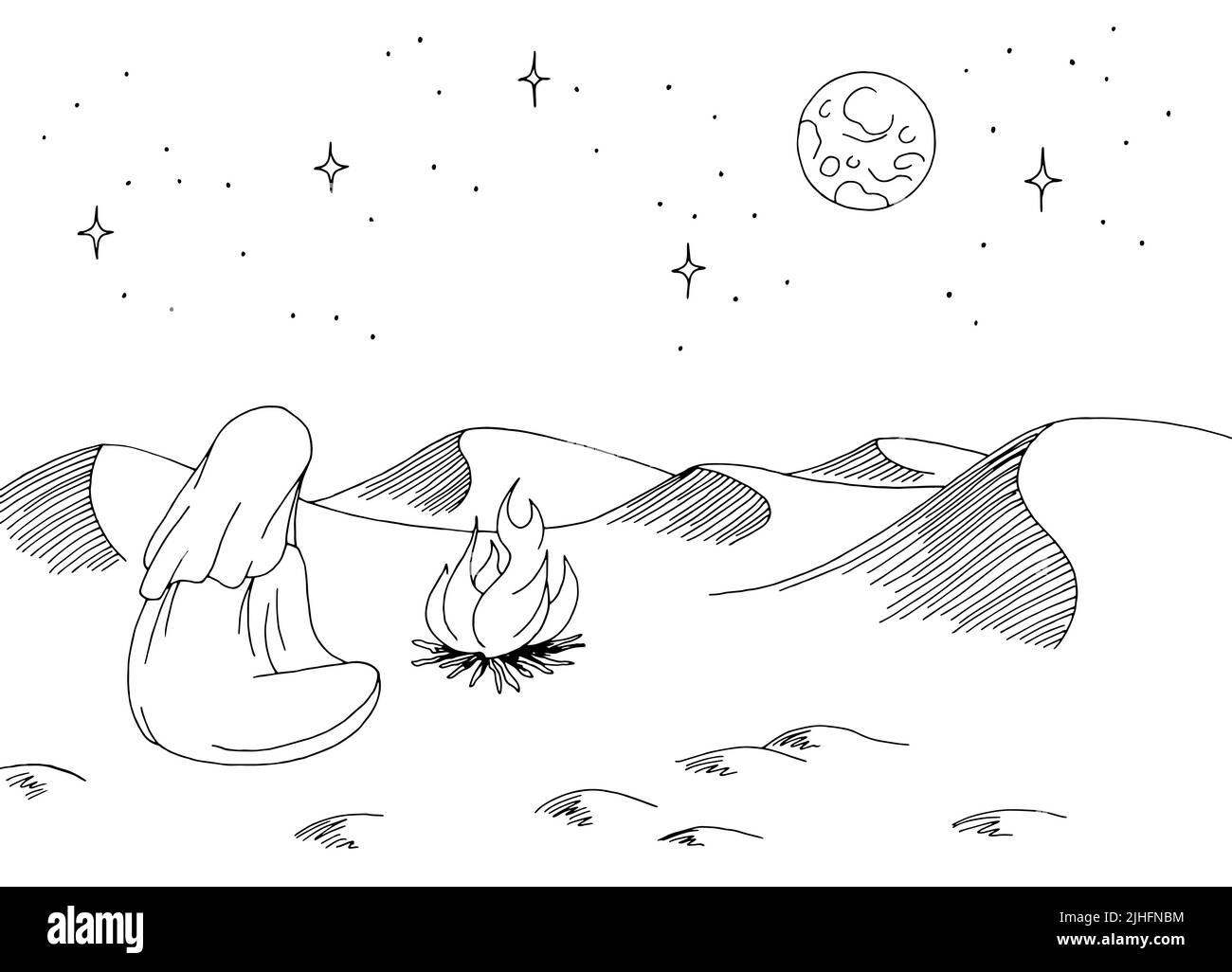 Human night desert bonfire graphic black white landscape sketch illustration vector Stock Vector