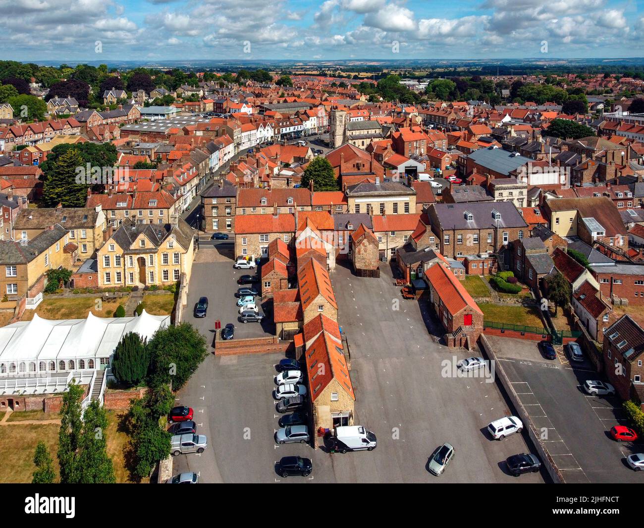 Aerial view of the market town of Malton in North Yorkshire in the northeast of England. Stock Photo
