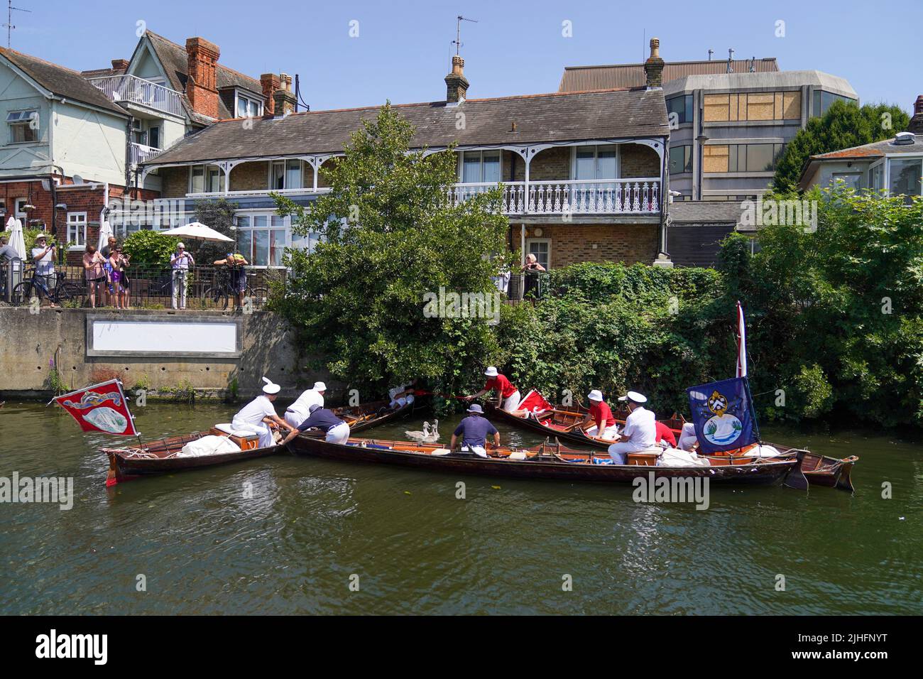 Swan Uppers rowing near StainesuponThames in Surrey, during the