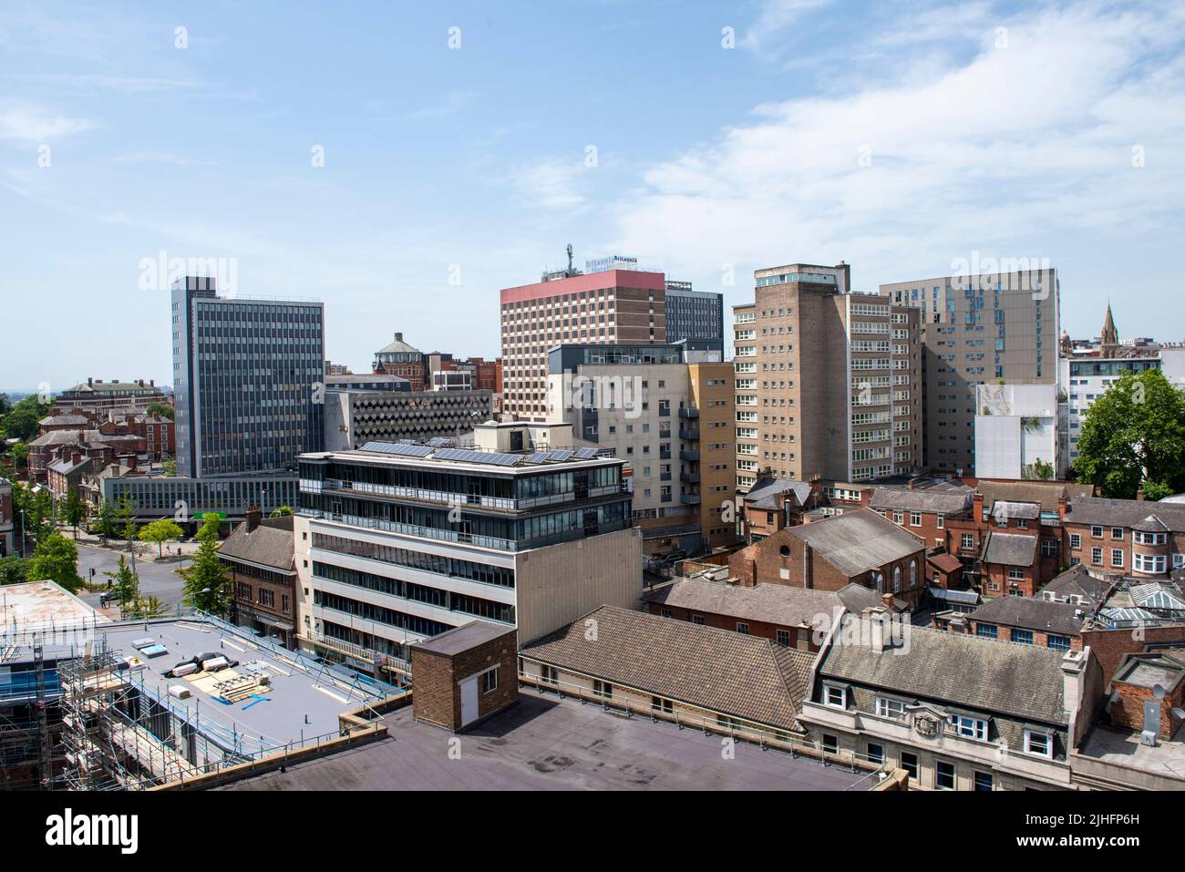 View towards Friar Lane and Maid Marian Way from the rooftop of the Pearl Assurance Building in Nottingham City, Nottinghamshire England UK Stock Photo
