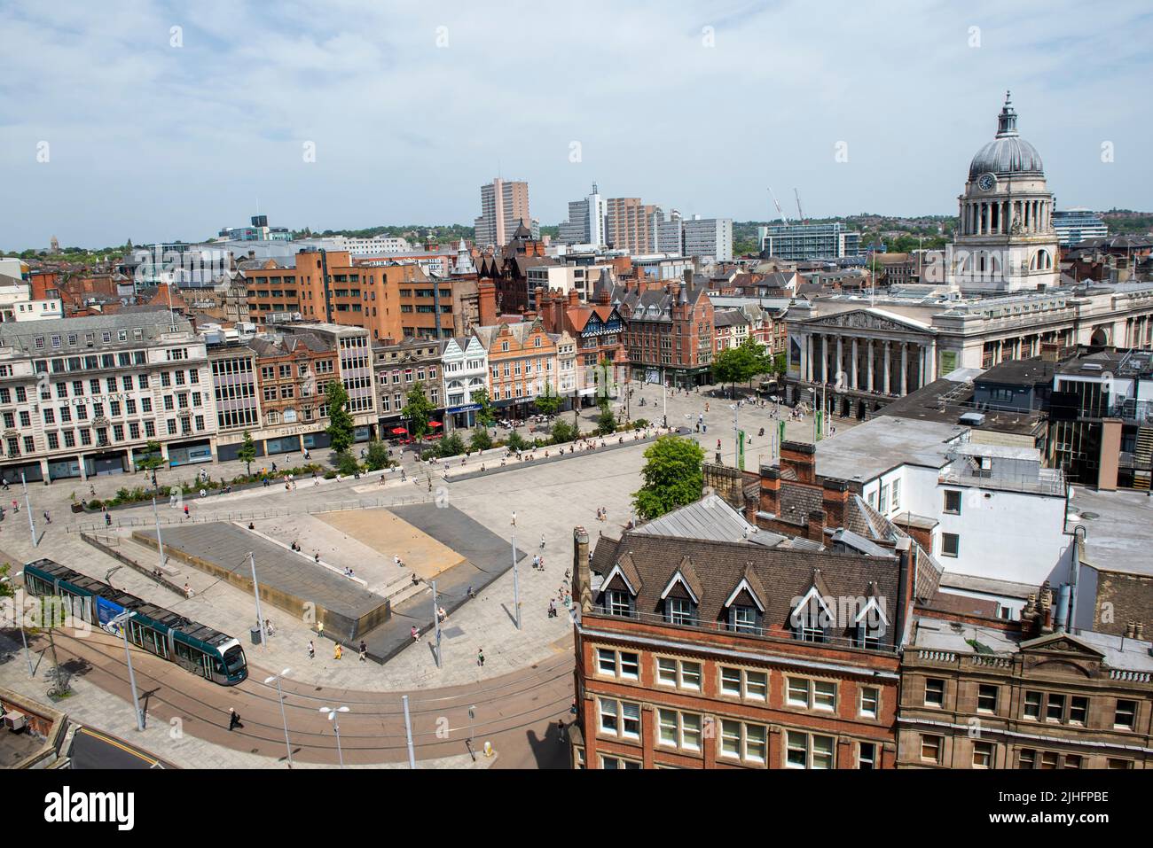 Aerial view of Market Square from the rooftop of the Pearl Assurance Building in Nottingham City, Nottinghamshire England UK Stock Photo