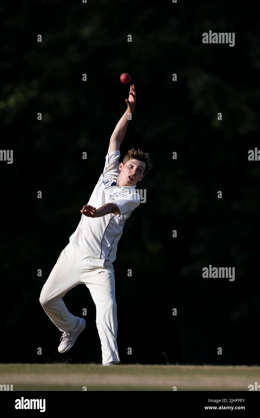 Junior cricketer bowling Stock Photo