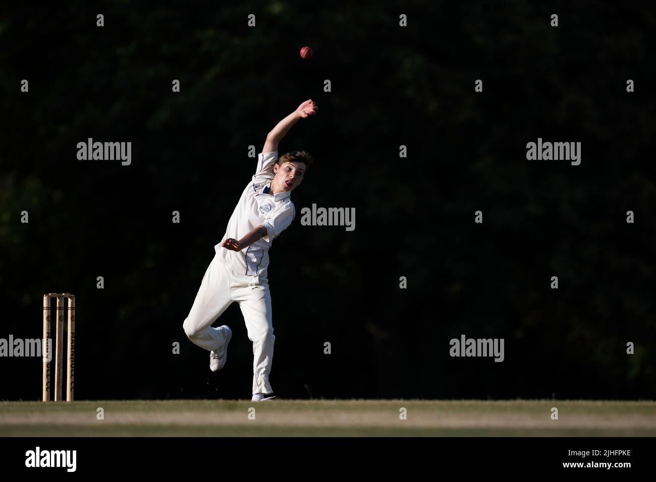 Junior cricketer bowling Stock Photo