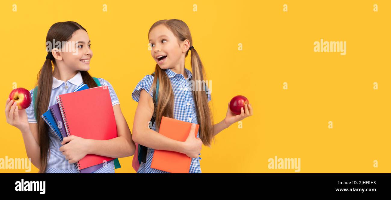 School girls friends. Get healthy back to school start. Happy kids hold books and apples. Portrait of schoolgirl student, studio banner header. School Stock Photo