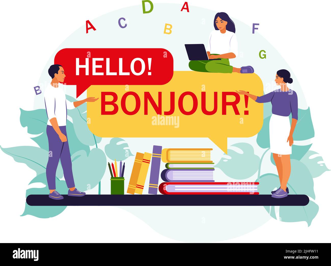 Online multi language translator. People using online translation app. Vector illustration. Isolated flat. Stock Vector