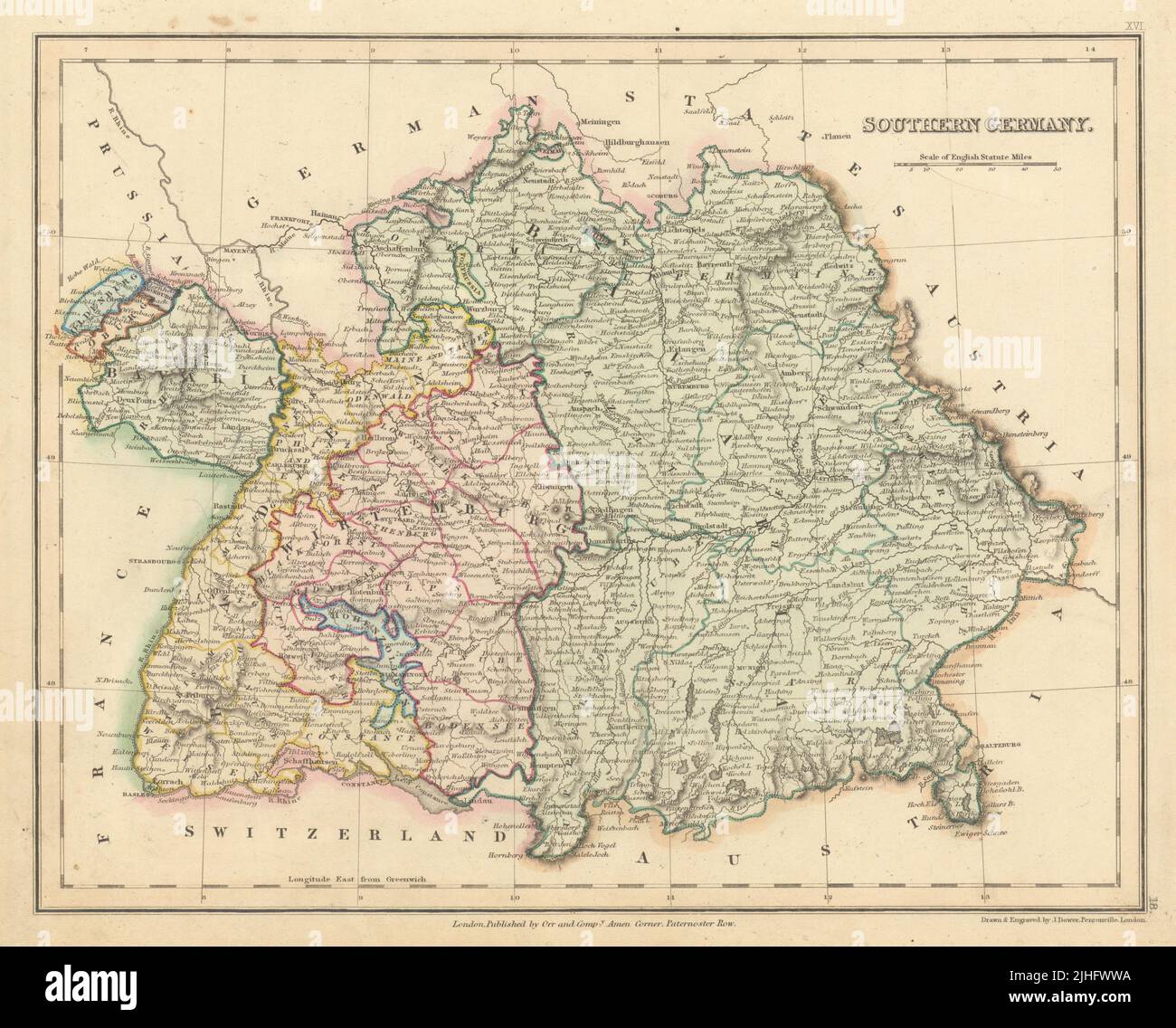 Southern Germany. Bavaria Baden-Wurtemberg Rheinland-Pfalz. DOWER 1845 old map Stock Photo