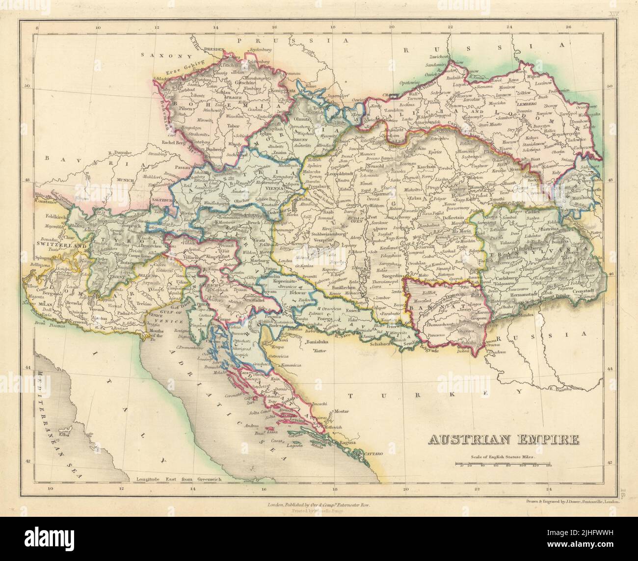 Austrian Empire. Hungary Czechia Lombardy Galicia Transylvania. DOWER 1845 map Stock Photo Alamy