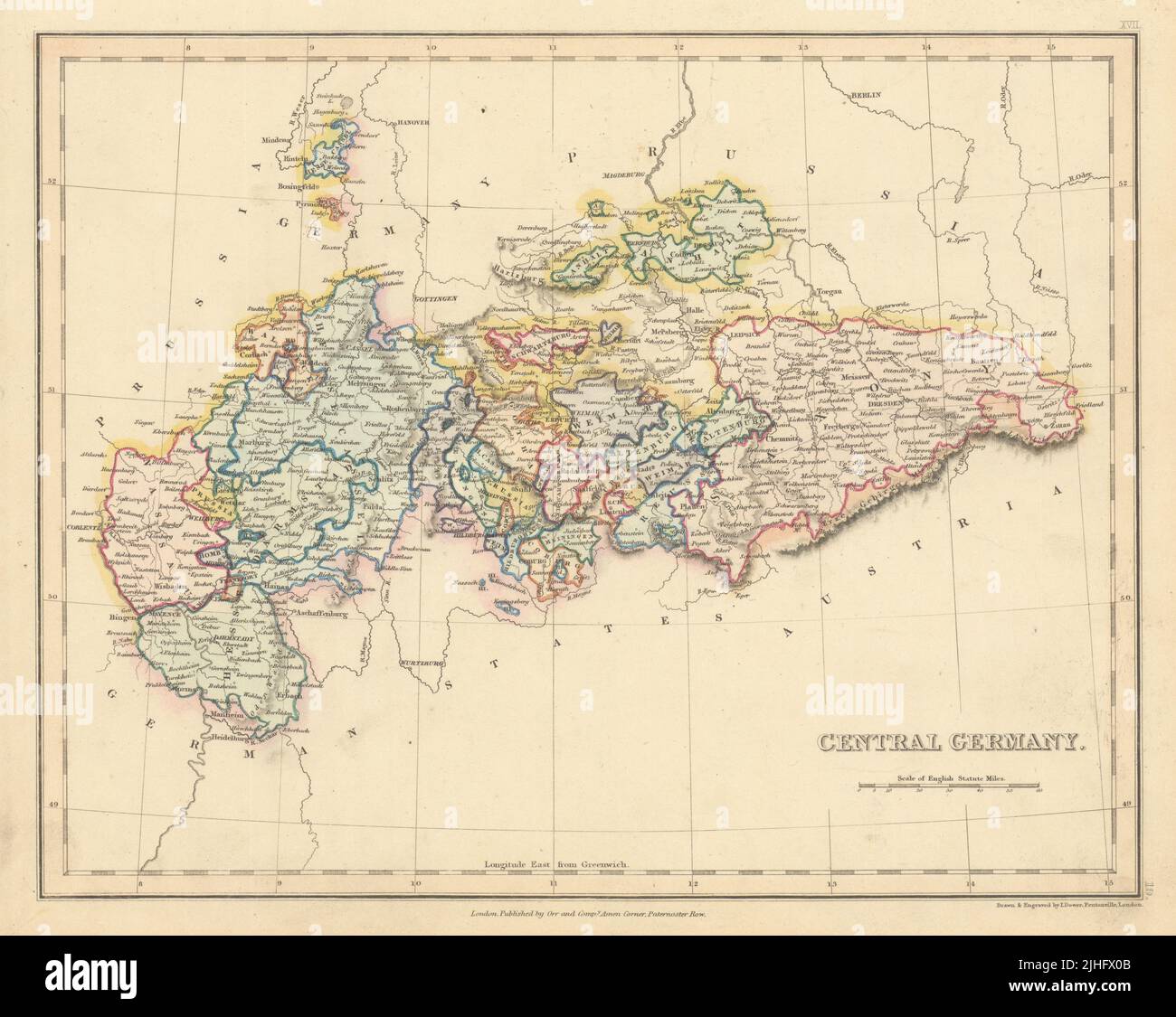 Central Germany by John Dower. Sachsen Thuringen Hessen Rheinland-Pfalz 1845 map Stock Photo
