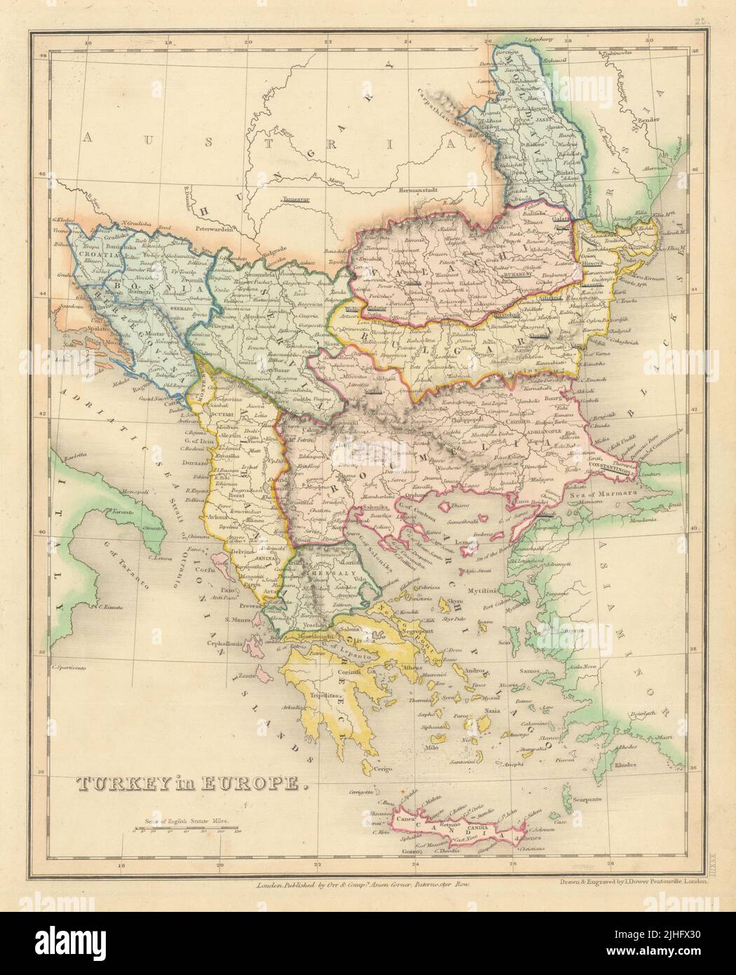 Turkey in Europe. Balkans Wallachia Roumelia Servia Bulgaria. DOWER 1845 map Stock Photo