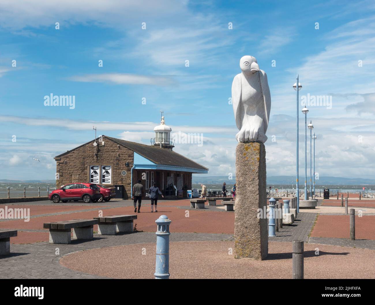 The Mythical Bird sculpture and The Stone Jetty café on Morecambe pier in Lancaster, England, UK Stock Photo