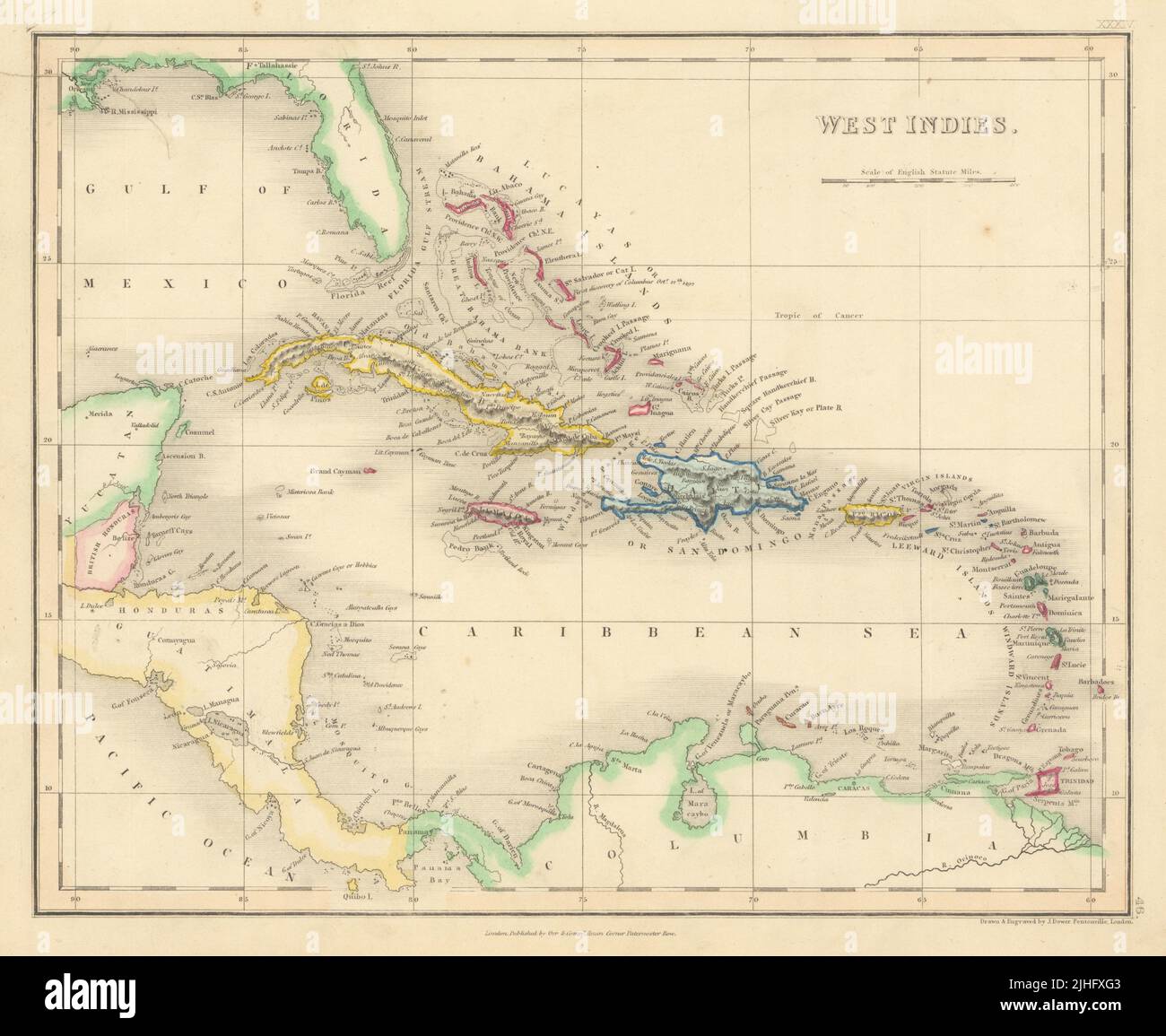 West Indies by John Dower. Caribbean Antilles 1845 old antique map plan 