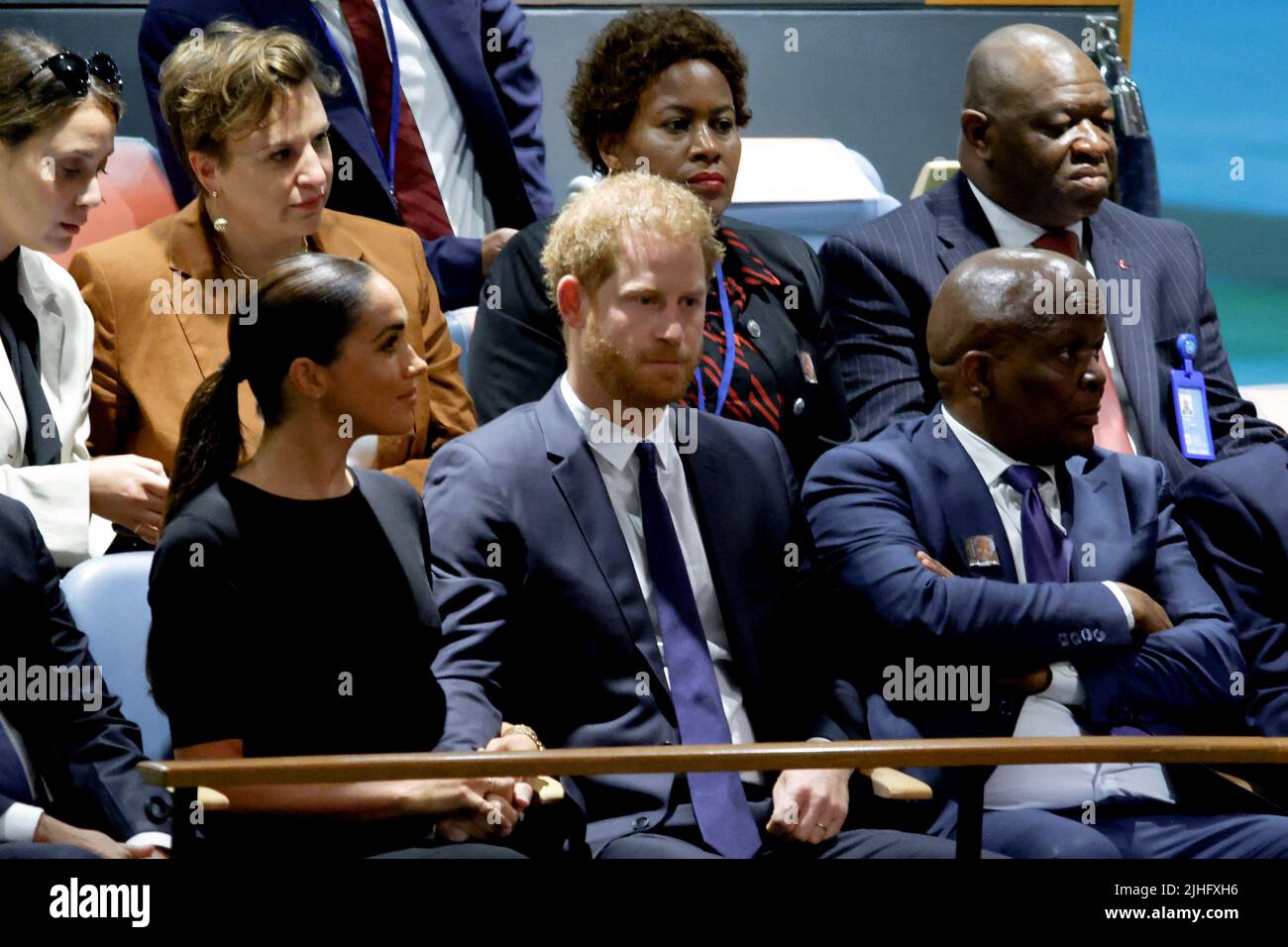 Britain's Prince Harry and his wife Meghan, Duchess of Sussex, attend the United Nations General Assembly celebration of Nelson Mandela International Day at United Nations Headquarters in New York, U.S., July 18, 2022. REUTERS/Eduardo Munoz Stock Photo