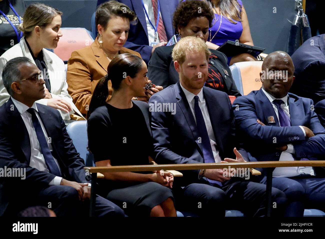 Britain's Prince Harry and his wife Meghan, Duchess of Sussex, attend the United Nations General Assembly celebration of Nelson Mandela International Day at United Nations Headquarters in New York, U.S., July 18, 2022. REUTERS/Eduardo Munoz Stock Photo