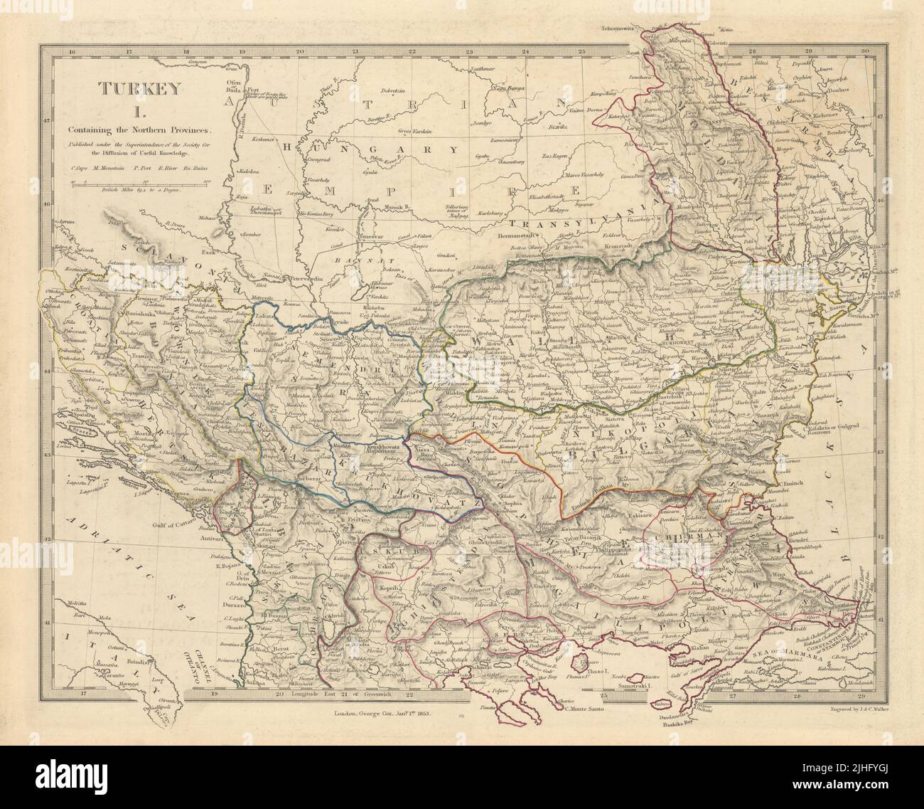 BALKANS. Northern Ottoman provinces. Wallachia Bulgaria Albania. SDUK 1853 map Stock Photo