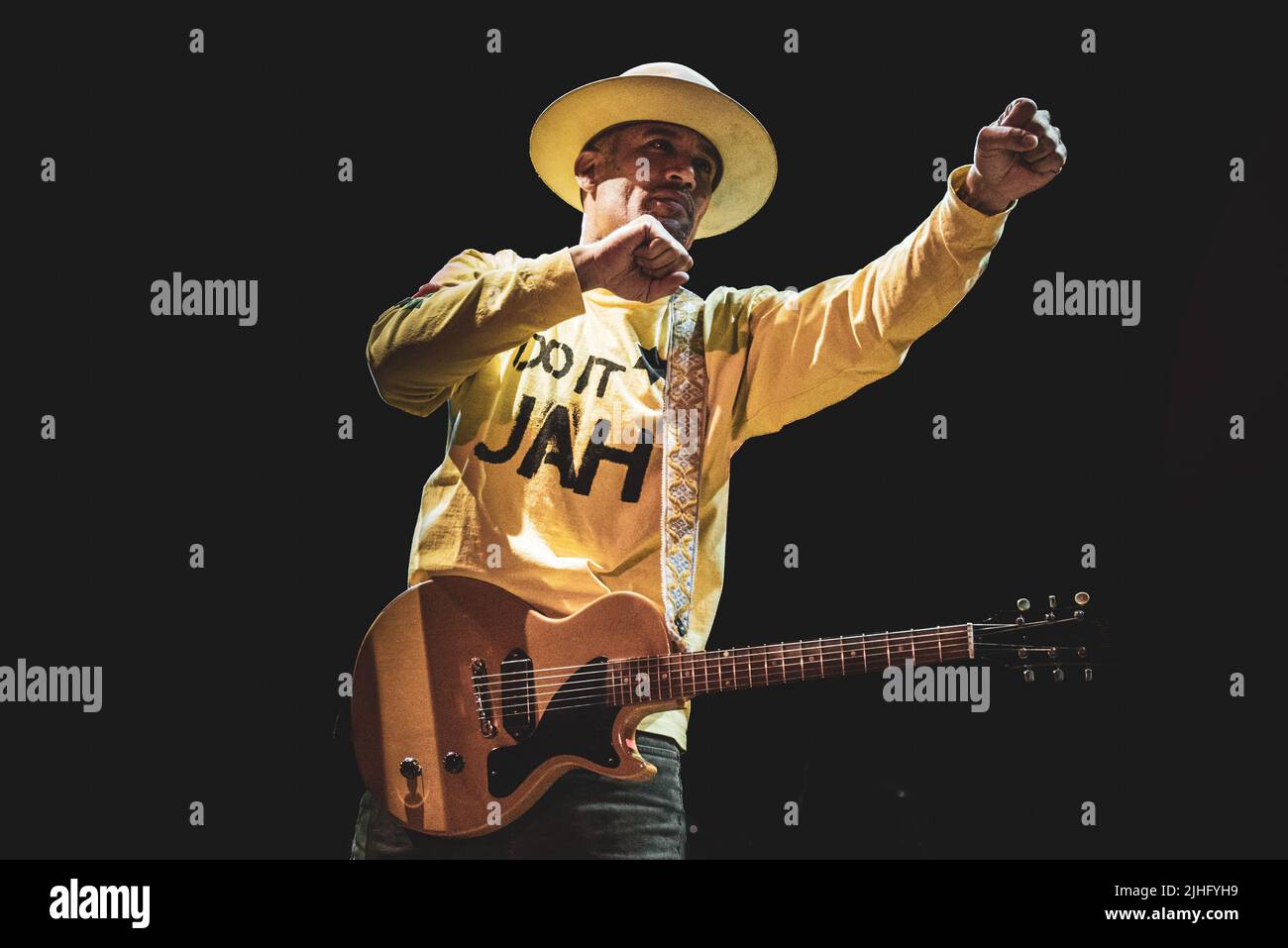 ITALY, GRUGLIASCO, JULY 2ND 2019: Ben Harper, founder, leader guitarist and singer of the American rock band “Ben Harper & The Innocent Criminals”, performing live on stage at the “Gruvillage Festival” 2019 edition Stock Photo