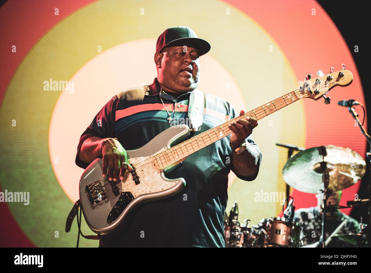 ITALY, GRUGLIASCO, JULY 2ND 2019: Juan Nelson, bassist of the American rock band “Ben Harper & The Innocent Criminals”, performing live on stage at the “Gruvillage Festival” 2019 edition Stock Photo