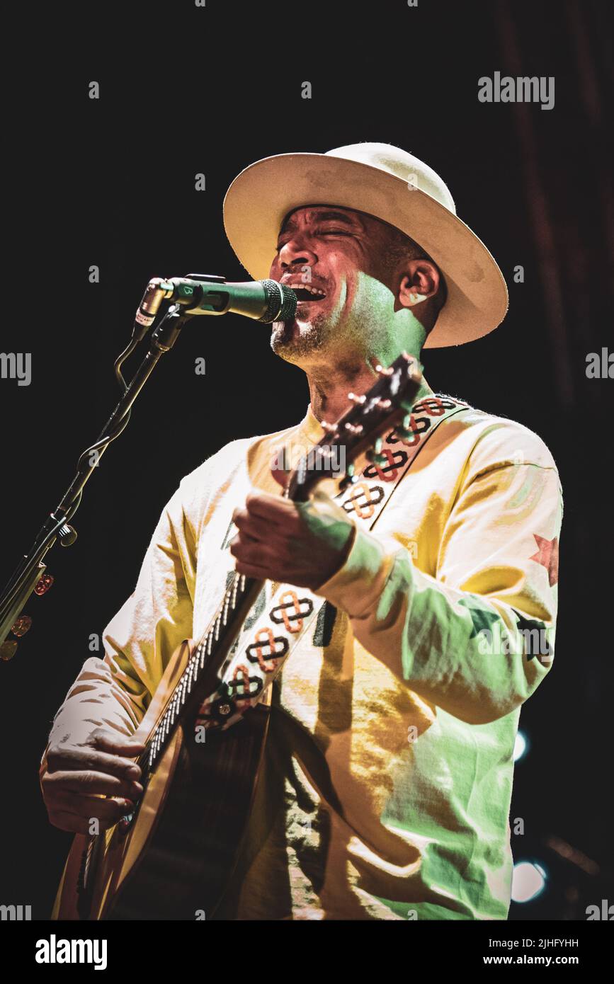 ITALY, GRUGLIASCO, JULY 2ND 2019: Ben Harper, founder, leader guitarist and singer of the American rock band “Ben Harper & The Innocent Criminals”, performing live on stage at the “Gruvillage Festival” 2019 edition Stock Photo