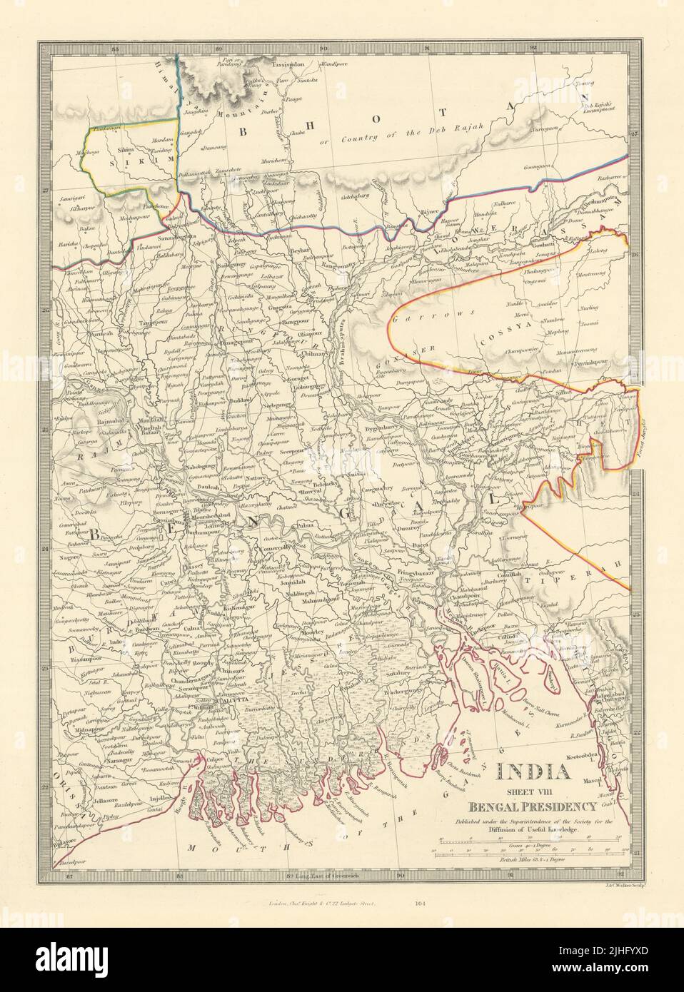 INDIA VIII. Bengal Presidency. Bangladesh Chittagong Sikim Bhutan. SDUK 1851 map Stock Photo