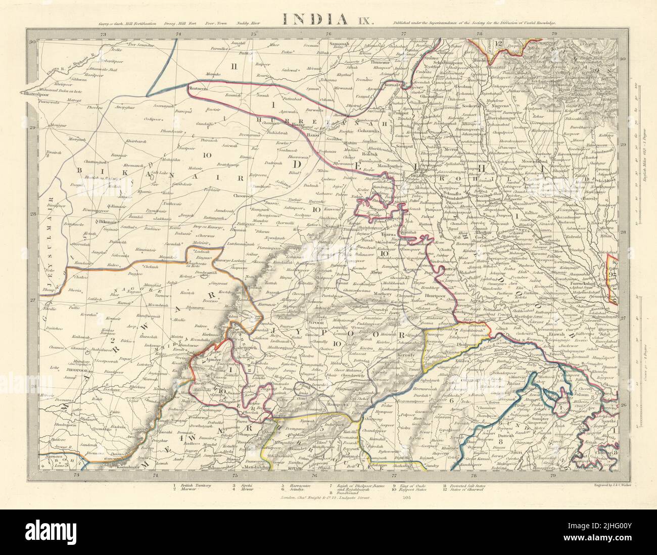 INDIA IX. RAJASTHAN Delhi Jaipur Marwar Bikaner Mewar Bundelkhand. SDUK 1851 map Stock Photo