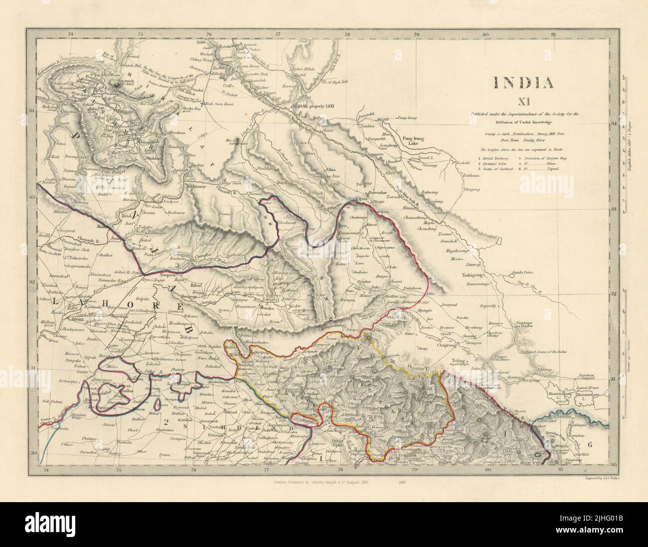 INDIA XI. PAKISTAN. Punjab Garhwal Lahore Sirhind Kashmir China. SDUK 1851 map Stock Photo
