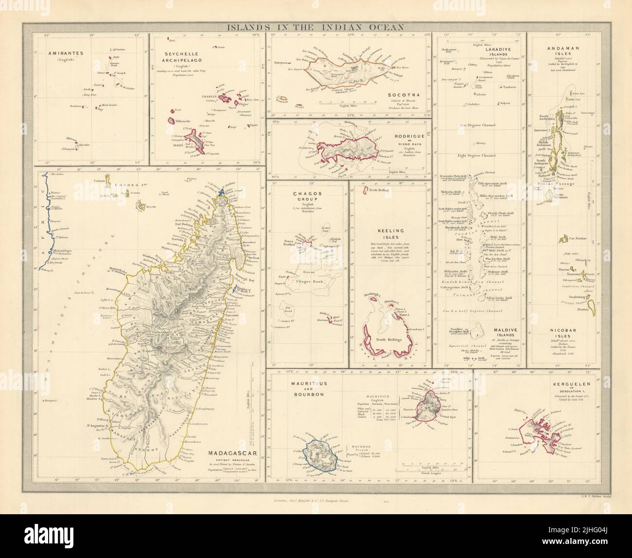 INDIAN OCEAN ISLANDS Madagascar Seychelles Maldives Mauritius. SDUK 1851 map Stock Photo