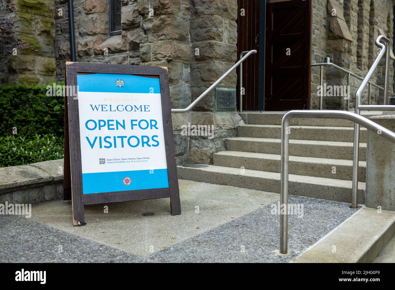 Vancouver, Canada - July 4,2022: View of welcome sign at the entrance of Christ Church Cathedral in Vancouver Stock Photo