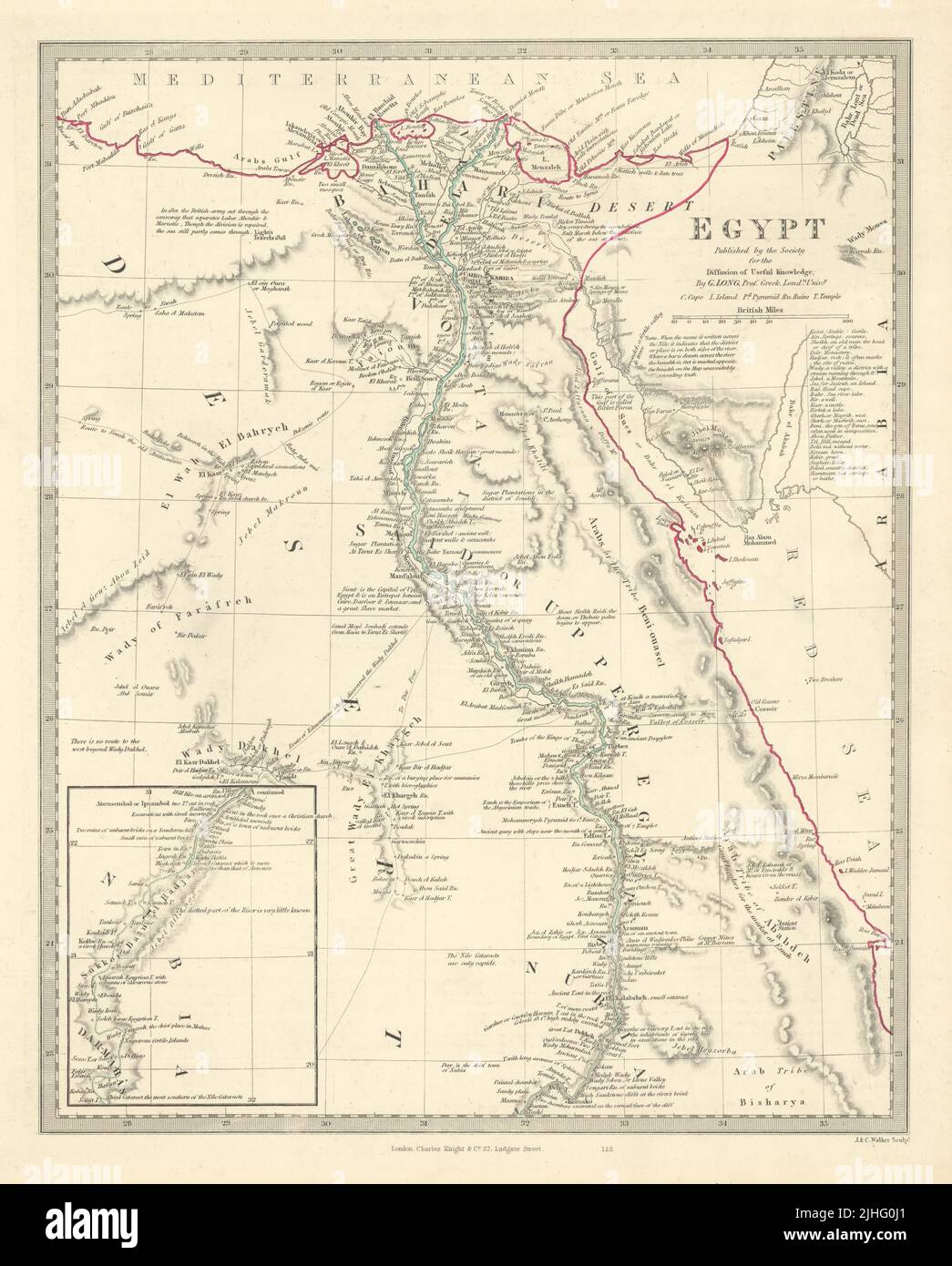 EGYPT. Nile valley. Ancient sites. Original outline colour. SDUK 1851 old map Stock Photo