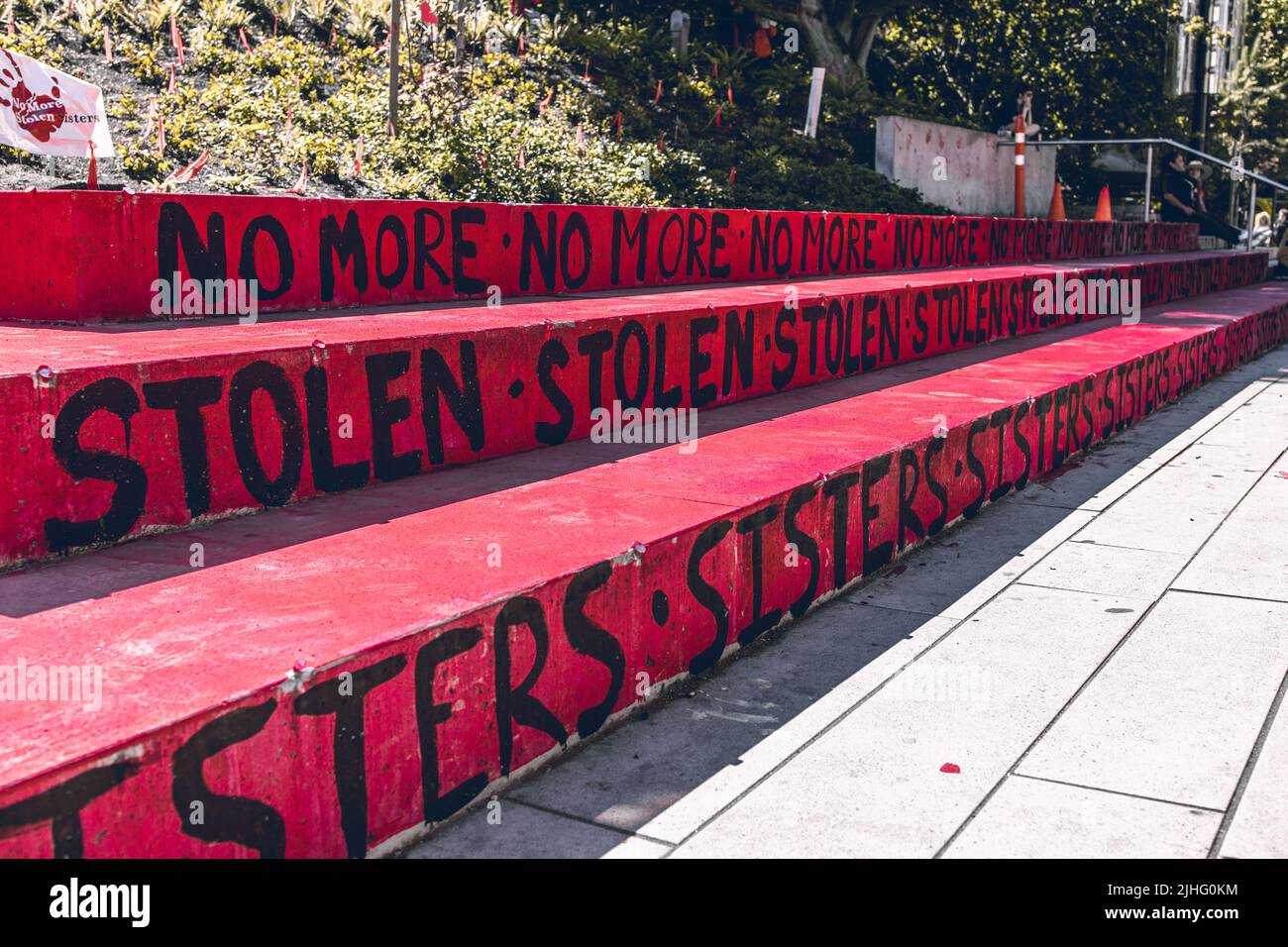 Vancouver, Canada - July 1, 2022: A sign with text 'No more stolen sisters' on the Robson Square. Memorial to honour Missing and Murdered Indigenous W Stock Photo