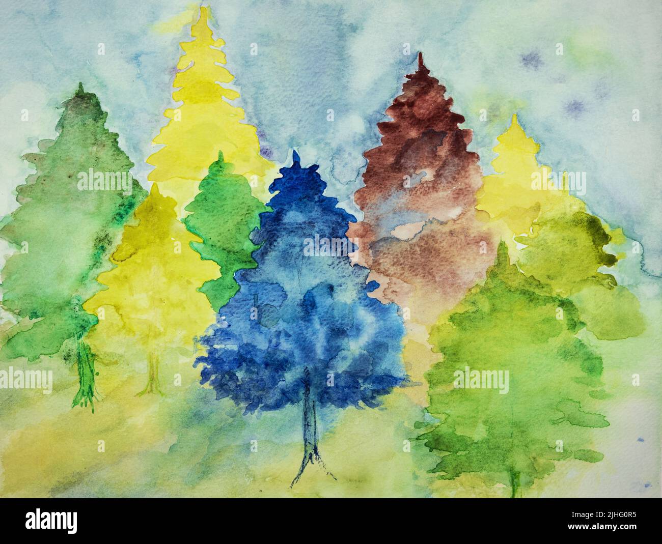 Colorful pine trees . The dabbing technique near the edges gives a soft focus effect due to the altered surface roughness of the paper. Stock Photo