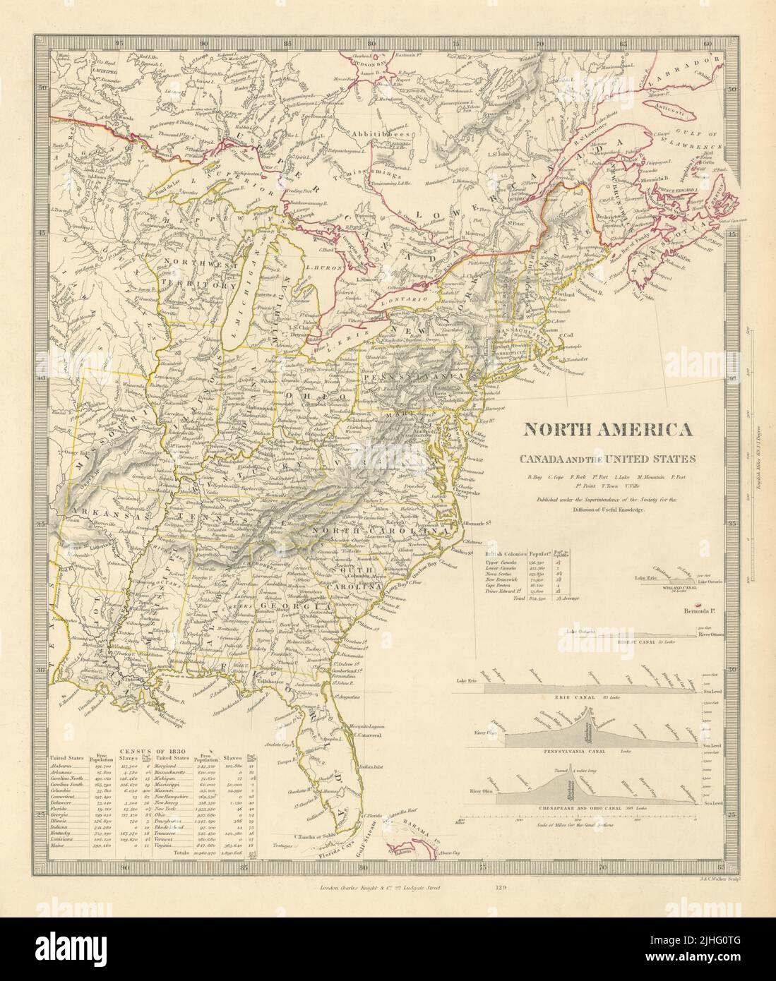 NORTH AMERICA EAST. Canada USA. Canal Profiles. 1830 Census table. SDUK 1851 map Stock Photo